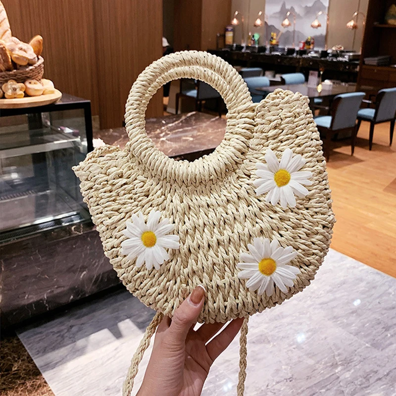 Handwoven Straw Rattan Half-Moon Beach Handbag Large Capacity Women Summer Hollow Out Crossbody Shoulder Bag