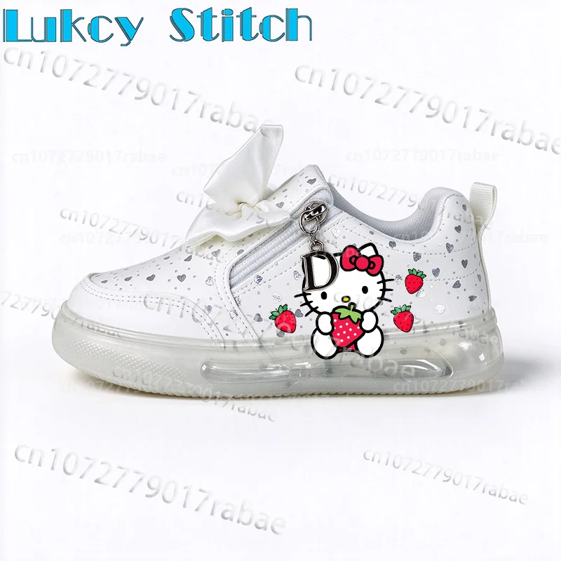 Kids Girls Flashing LED Shoes Cute Cartoon Cat Print Zipper Bow Decor Glitter Heart Light Up Casual Sneakers