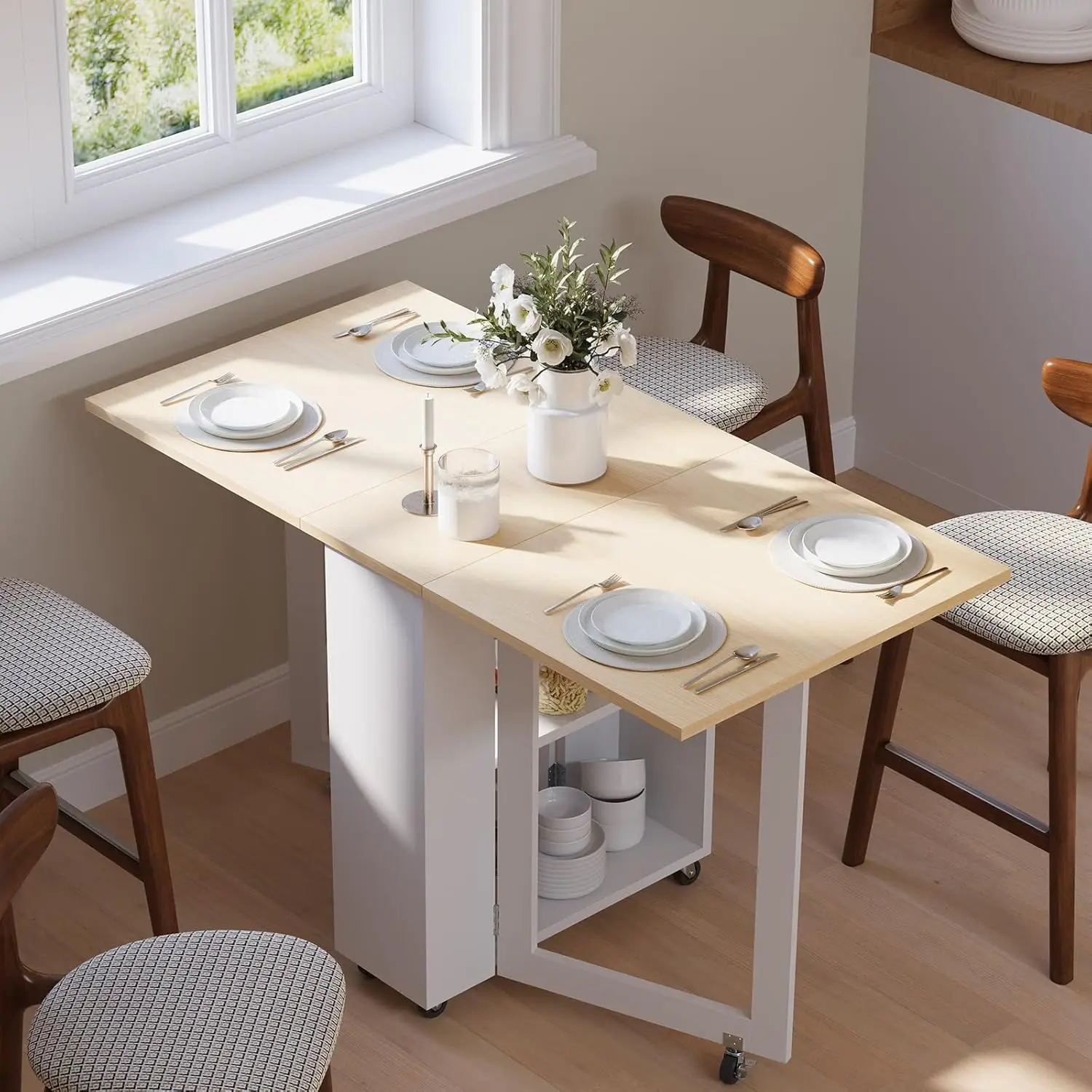 

Folding Dining Table with 2 Storage Racks, Space Saving Dining Table with 6 Wheels, Kitchen Table for Small Spaces (48 x