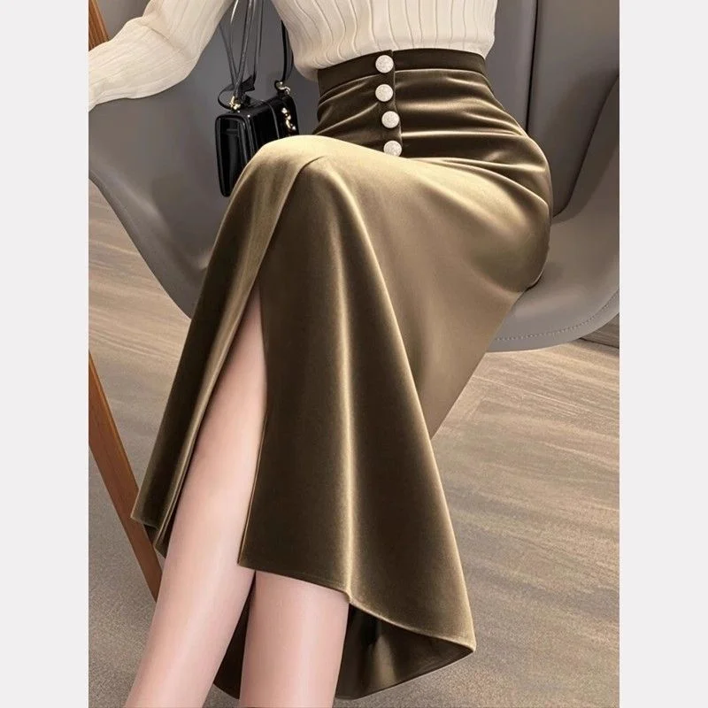 

Women's Velvet Skirt High Waist Slim Temperament Bag Hip Split Party Skirt Office Lady Split Midi Jupe 686P Autumn New Elegant