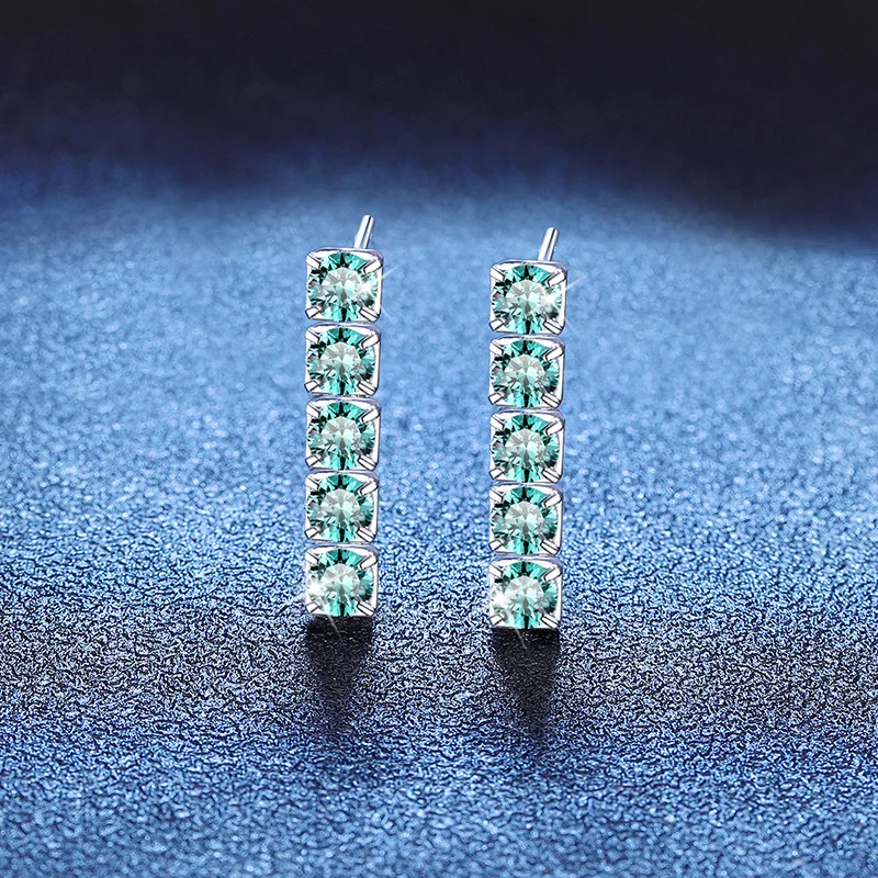 LioraGem Blue-green 3-carat Moissanite Tassel Earrings for Women, Straight-row Full-diamond Earrings Platinum PT950 Stamp
