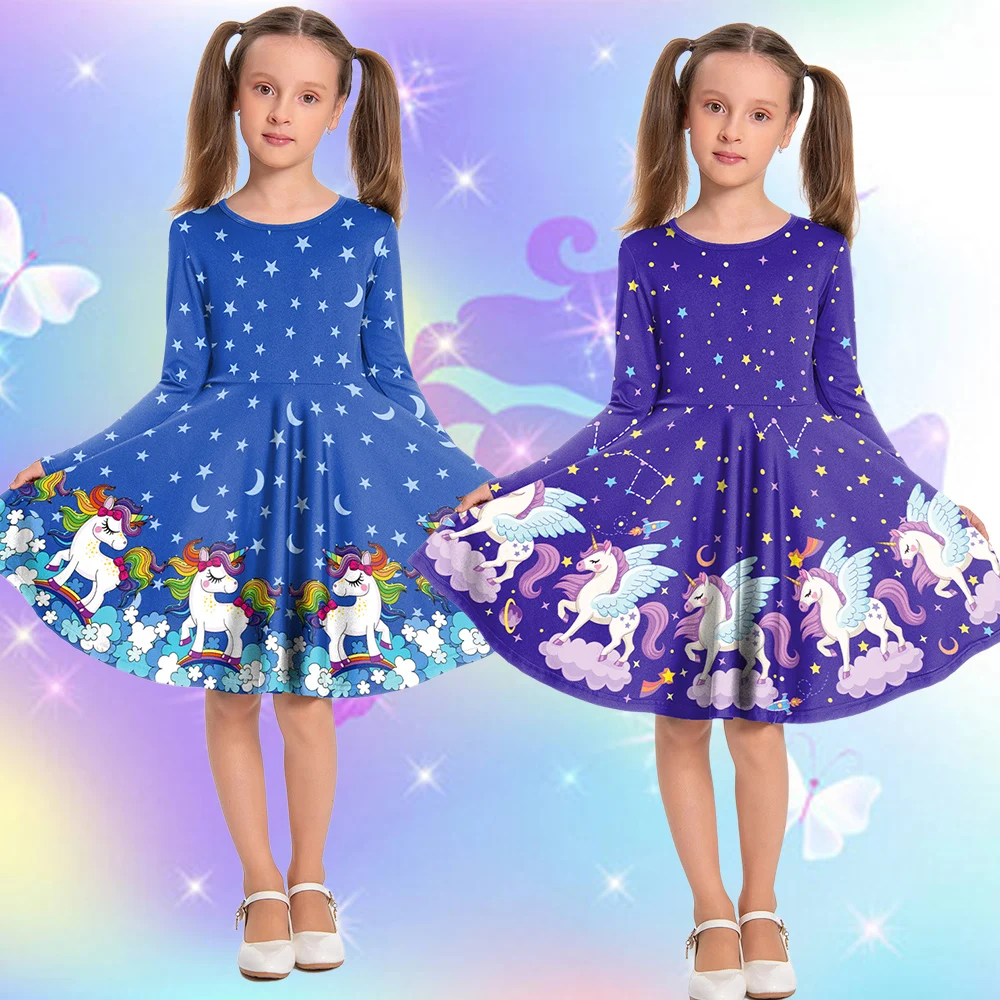 

Girl Unicorn Dress Fashion Casual Long Sleeves Dress Holiday Party Cute Unicorn Print Dress Kid Clothes Birthday Gifts