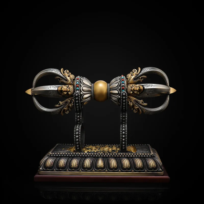 White copper five-pronged vajra ornament with base, two-tone gold and silver finish, suitable for display or as a desk decoratio