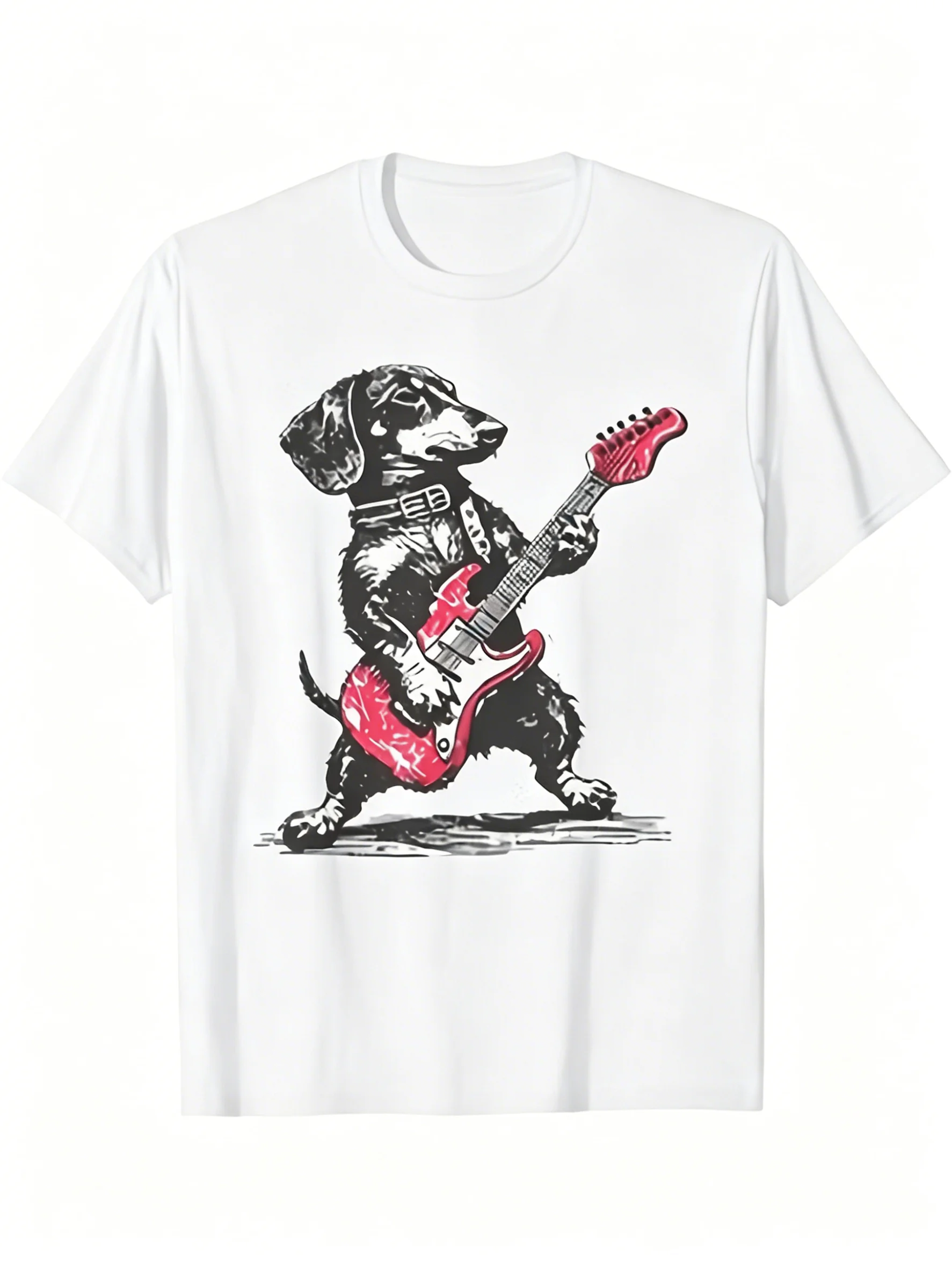 Camiseta divertida con diseño de Dachshund tocando guitarra eléctrica y música rock, camiseta retro con diseño de perro rockero, cuello redondo, adecuada para hombres y mujeres