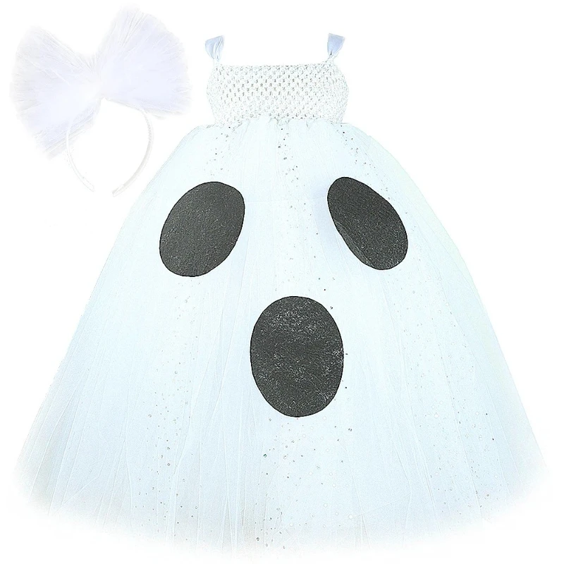 

Sparkly White Spooky Ghost Costumes for Girls Carnival Party Disguise Scary Tutus Outfits for Kids Creepy Halloween Long Dresses