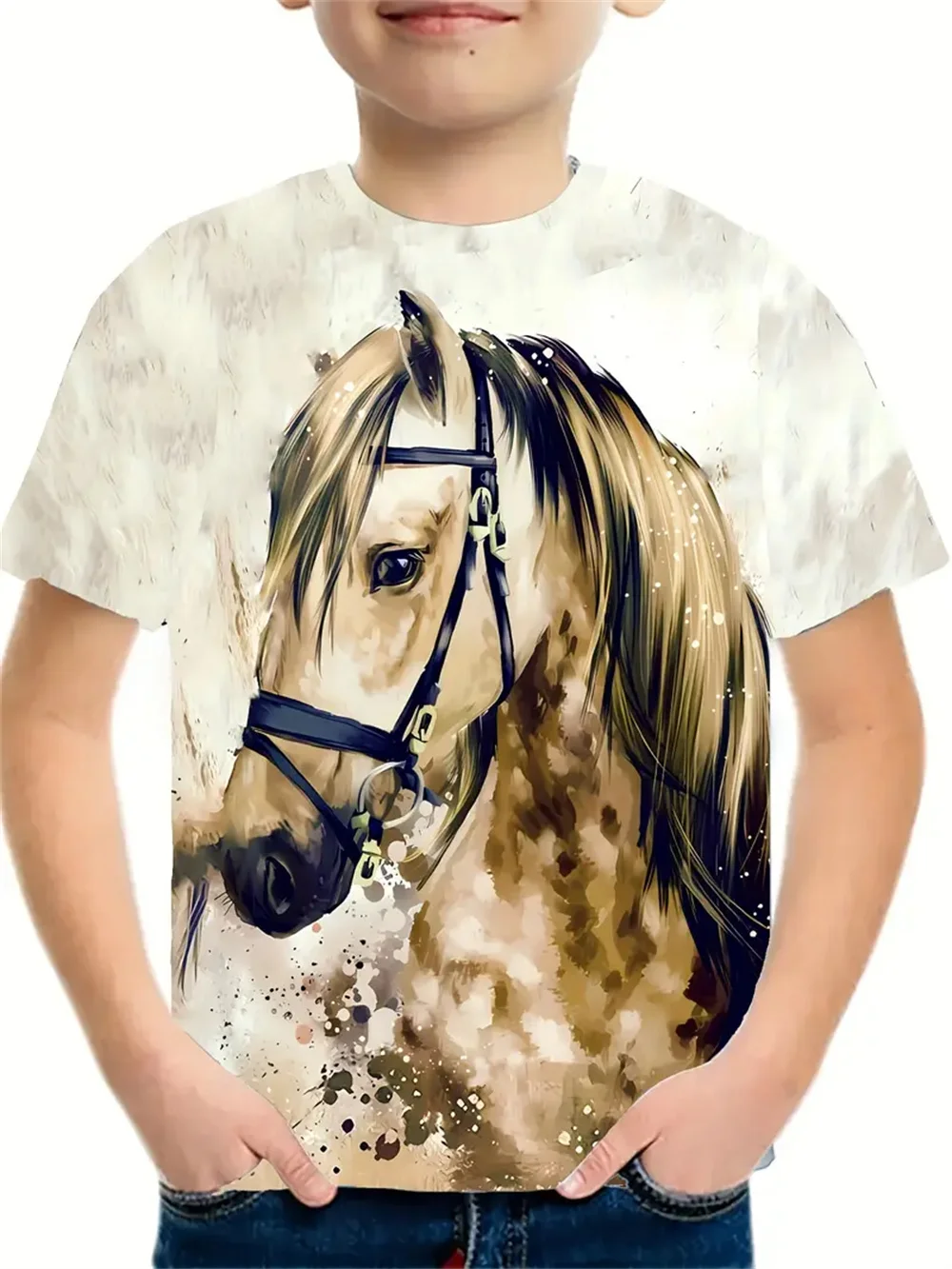 

2025 Retro Animal Horse 3d Print Boy T-Shirts Fashion Short Sleeved Casual T-Shirts Boys' Clothing Children T-Shirts