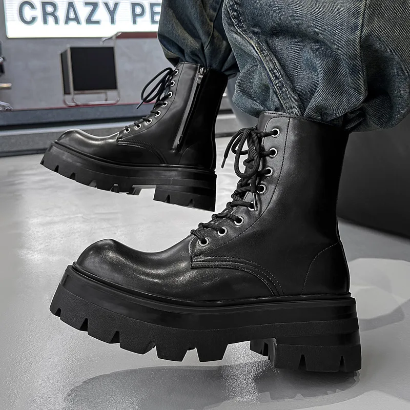 British style mens casual stage nightclub high motorcycle boots original leather shoes cowboy platform boot long knight botas