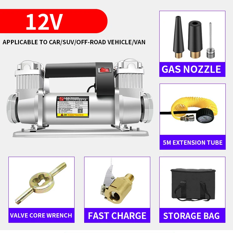 JM-F140 24V/12V Metal Double Cylinder Air Pump 480W High-Power Car Air Pump High-Pressure Pump 150-200PSI Air Pressure