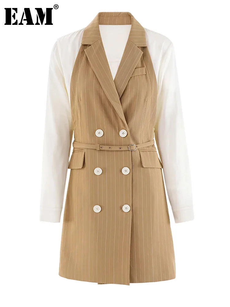 

[EAM] Women Khaki Striped Back Pleated Long Elegant Blazer New Lapel Long Sleeve Jacket Fashion Tide Spring Autumn 2024 CPDB201