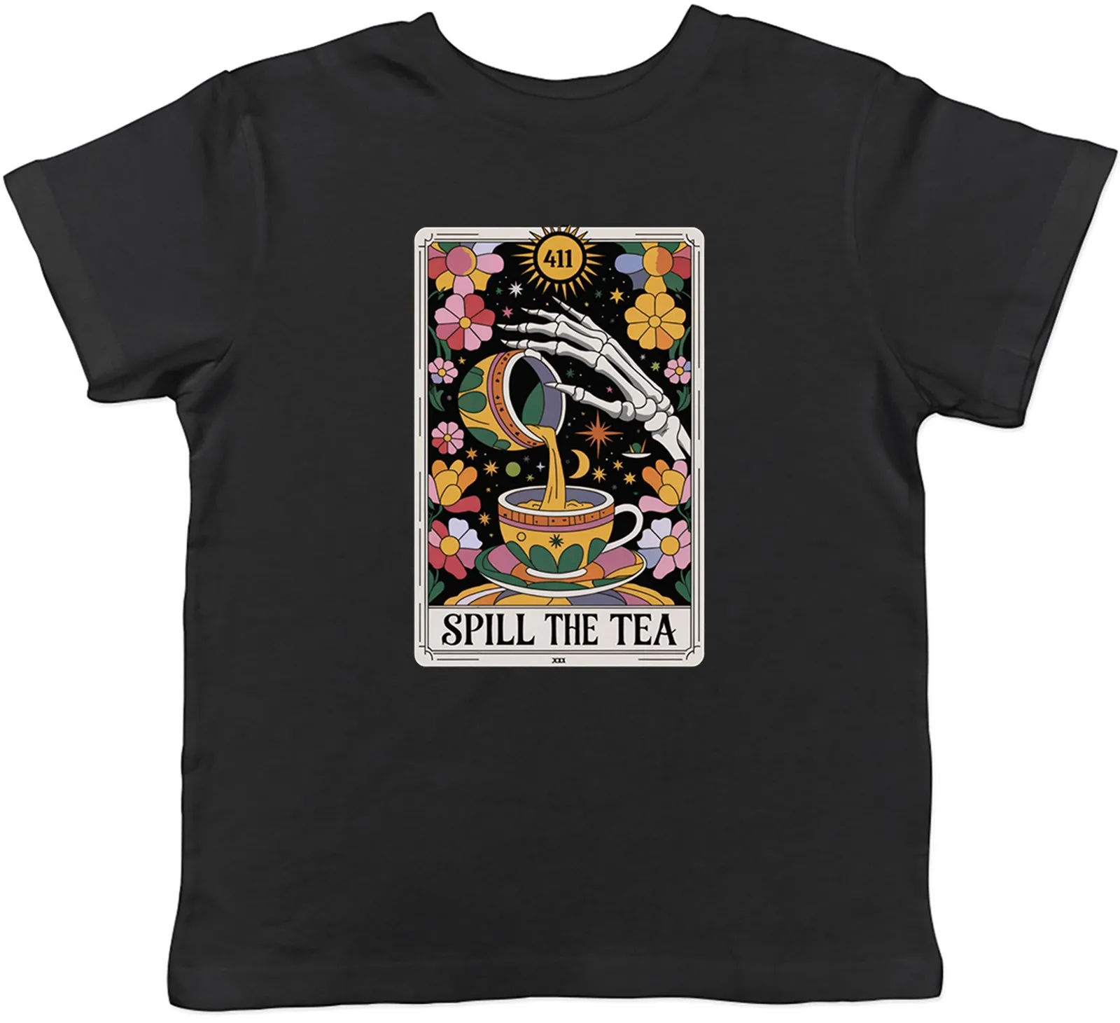 Spill the Tea Tarot Card Gothic Skeleton Hand Kids T-Shirt Boys Girls Gift