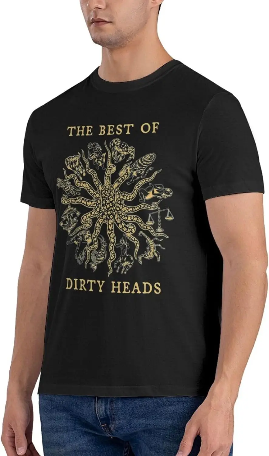 Dirty Band Heads Shirt Men's Double Sided Pattern Printed T-Shirt, Cotton Crew Neck Short Sleeve Tops Black