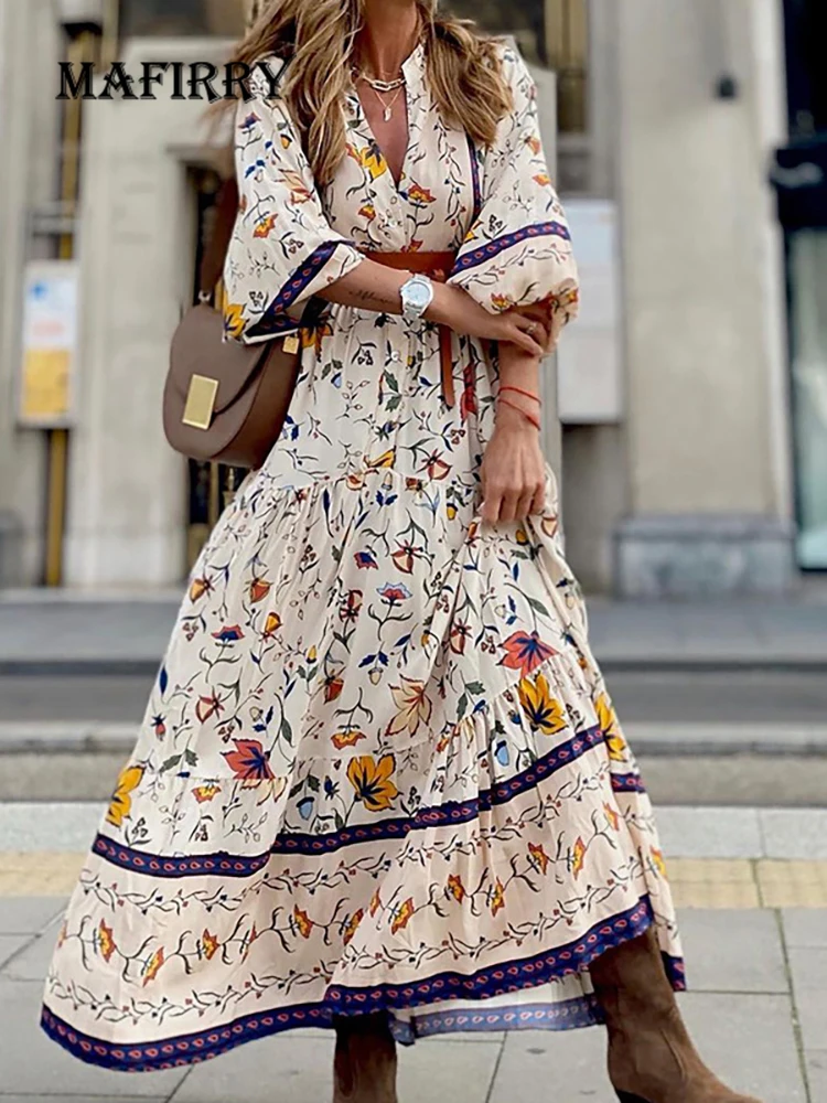 Women Bohemian Print V Neck Streetwear Dress Casual Summer Loose Long Sleeve Dress Vintage Female Slim Maxi Party Dress Vestidos