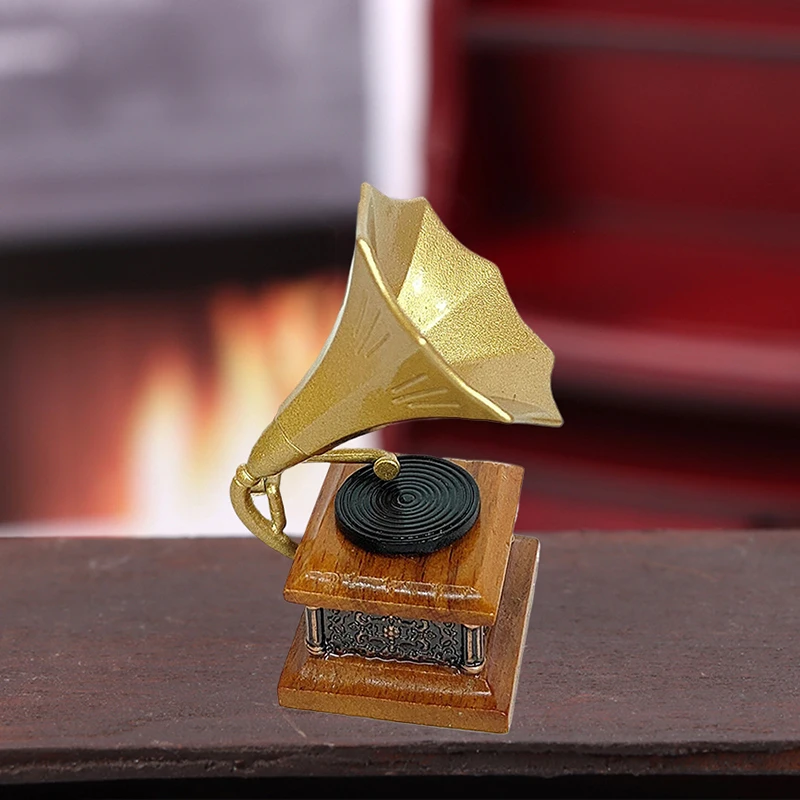 1:12 Dollhouse Miniature Retro Gramophone Mini Alloy Phonograph Record Simulation Gramophone Handicrafts Home Model Toys Decor