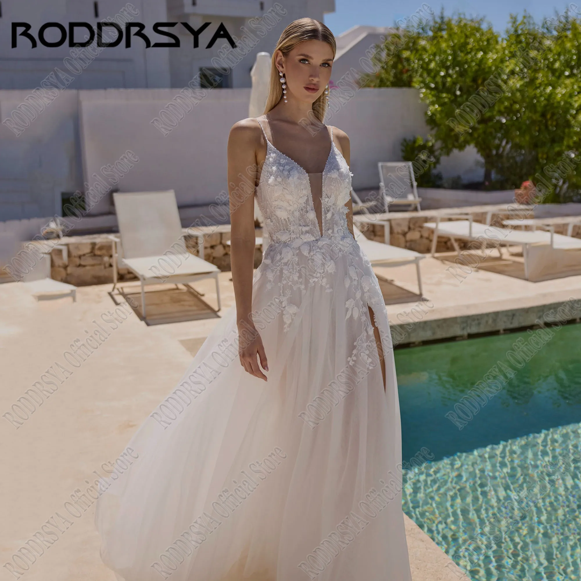 RODDRSYA gaun pernikahan leher V pantai gaun pengantin applique tanpa punggung belah samping A-Line gaun pengantin tali Spaghetti Vestidos De Novia disesuaikan