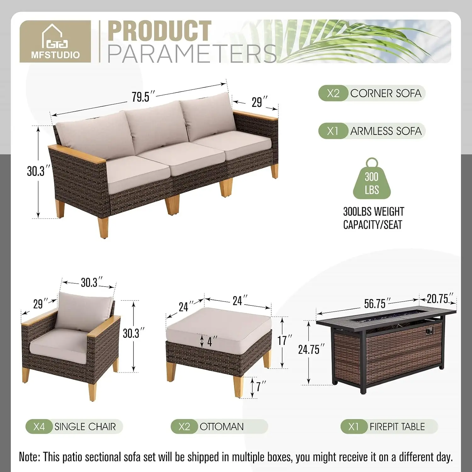 9 Piece Wicker Patio Furniture Set with 56" Fire Pit Table, All-Weather PE Rattan Patio Sectional Sofa Conversation Set