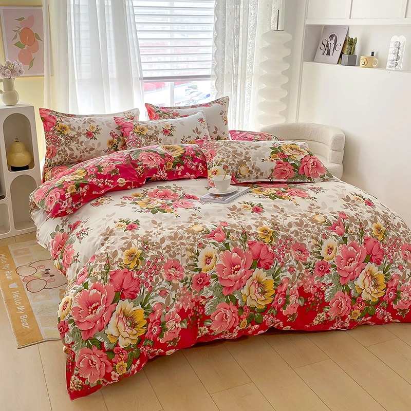 1PC Beige Floral Print Duvet Cover, Multicolor Peony Flower Pattern Bedding for Vintage Romantic Bedroom Decor