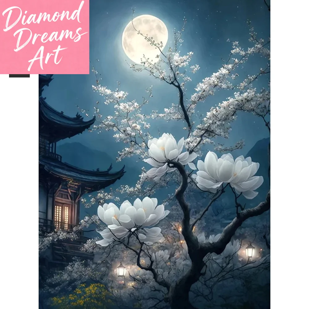 Rahmenloses, DIY Diamant-Mosaik Blumen 5D DIY Malerei Landschaft Mond Heimdekoration Strass-Bilder Bastelset