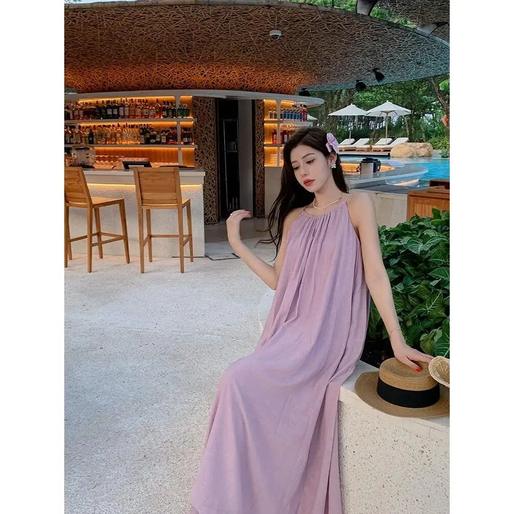 Summer Purple Neck Hanging Strap Dress Women's Dopaamine Bright Color Beach Vacation Beach Vest Long Skirt Polyester Fiber