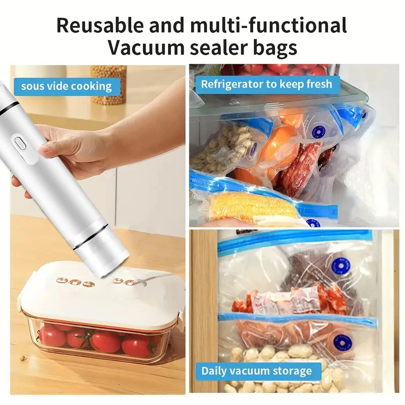 ถุงซีลสูญญากาศ 5 ถุง + เครื่องซีลสูญญากาศไฟฟ้า 1 ใบ + คลิป 1 ใบ, ถุงเก็บอาหารที่ทนทานแบบใช้ซ้ําได้, ถุงเก็บอาหารเกรดใส