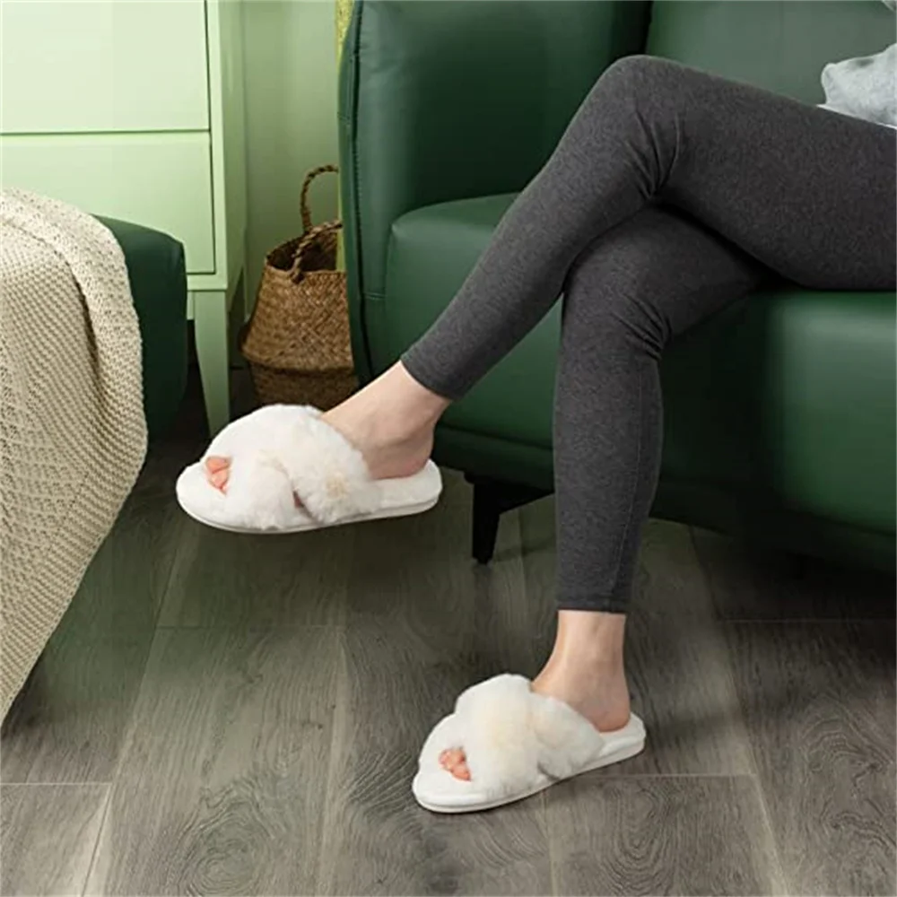 Women's Cross Band Slippers Fuzzy Soft House Slippers Plush Furry Warm Cozy Open Toe Fluffy Home Shoes Comfy Indoor Outdoor