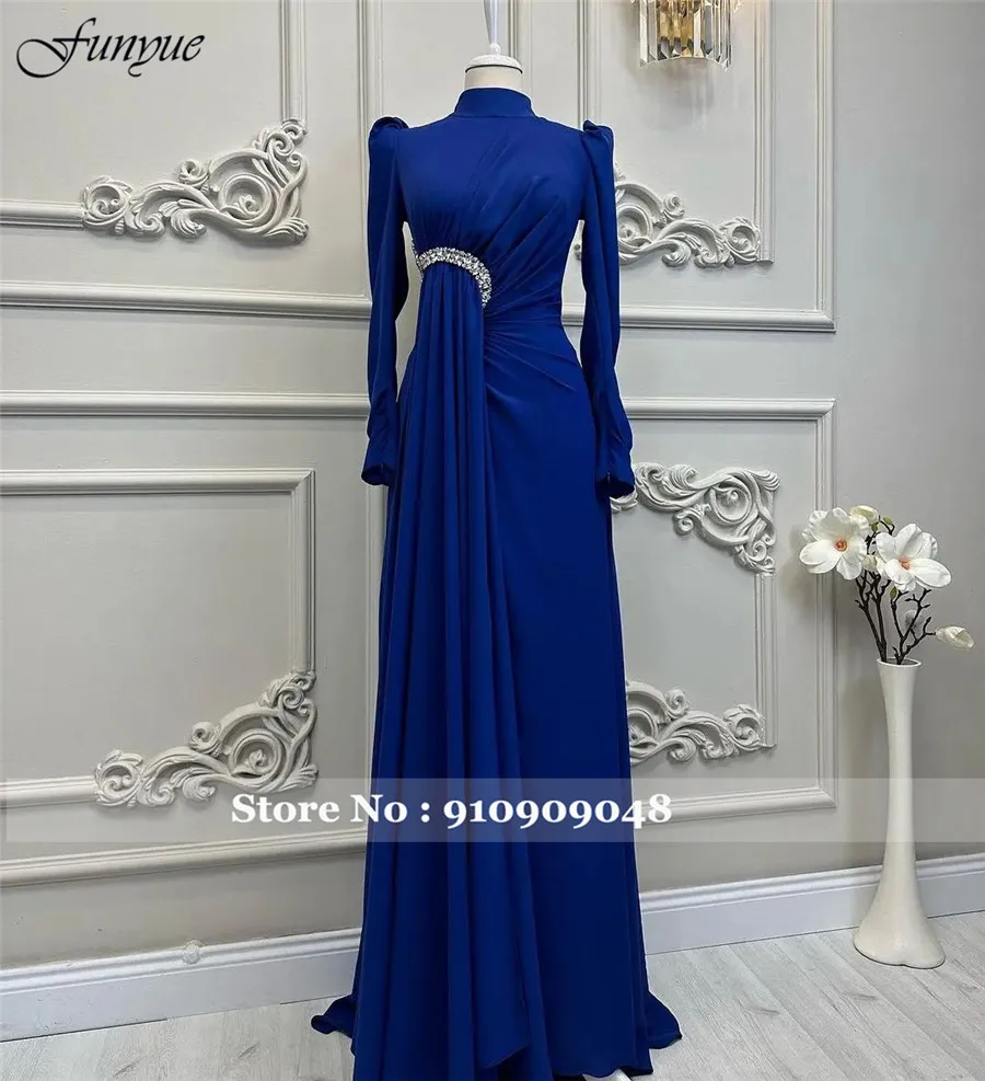 Funyue Long Sleeve Muslim Formal Occasion Dresses Crystal Hijab High Neck Chiffon Evening Gown Saudi Arabic Vestidos De Noche