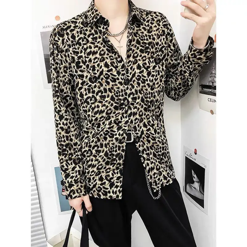 Spring Autumn New Fashion Turn-down Collar Long Sleeve Leopard Blouse Men\'s Clothing Printing Button Korean Trend Hip Hop Shirts