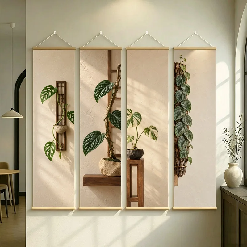 Wall Art Variegated Mini Monstera and Swiss Cheese Vine, Wabi-Sabi Silver Shimmer Canvas Hanging Scroll for Reading Nook