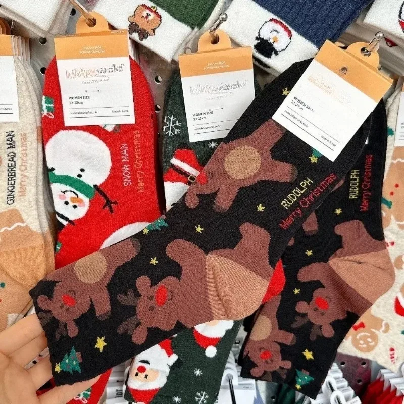 4/1Pairs Christmas Socks Cute Cartoon Santa Claus Snowman Pattern Mid Tube Sock Autumn/Winter Korean Crew Socks New Year Gifts