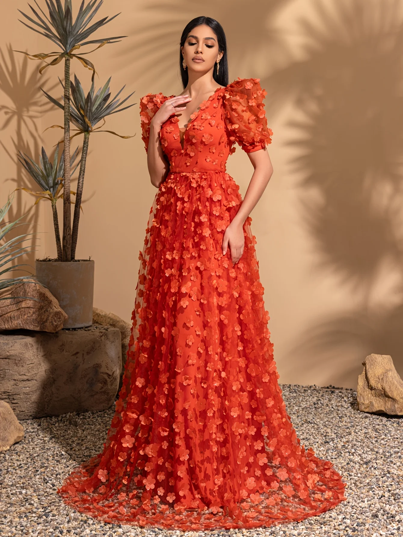 V-neck puff sleeve mesh applique wedding dress, party dress
