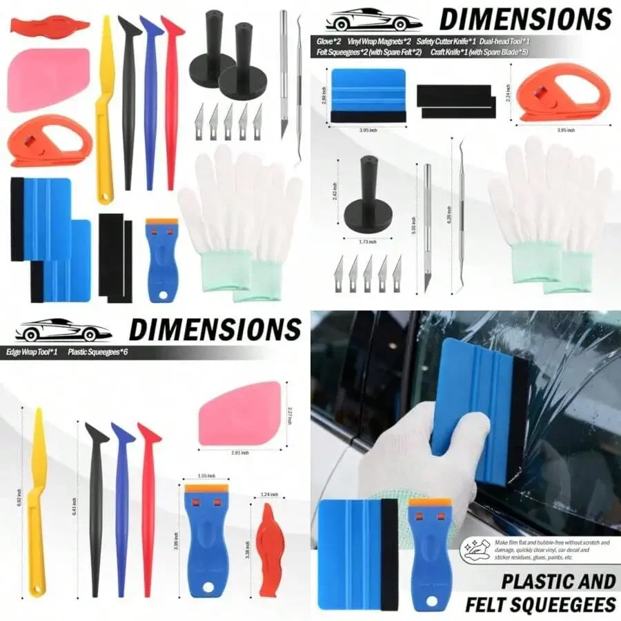 Professional Car Vinyl Wrap Tool Kit With Plastic And Felt Squeegees Gloves Magnets Cutter