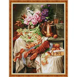 DIY Hand Cross Stitch Kit Still Life Lobster and Flower Pattern 14CT 11CT Needle and Thread Embroidery Kit Restaurant Decoration