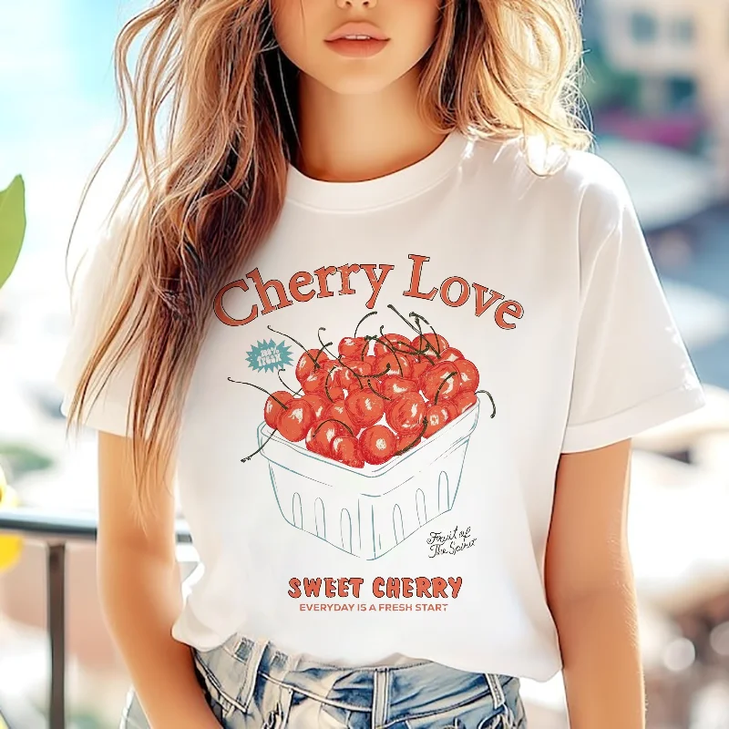 

Cherry Love Pattern Printed Cartoon T-Shirt Casual Style Women's Short Sleeved Clothing Top O-Neck Sweet Women's Summer T-Shirt