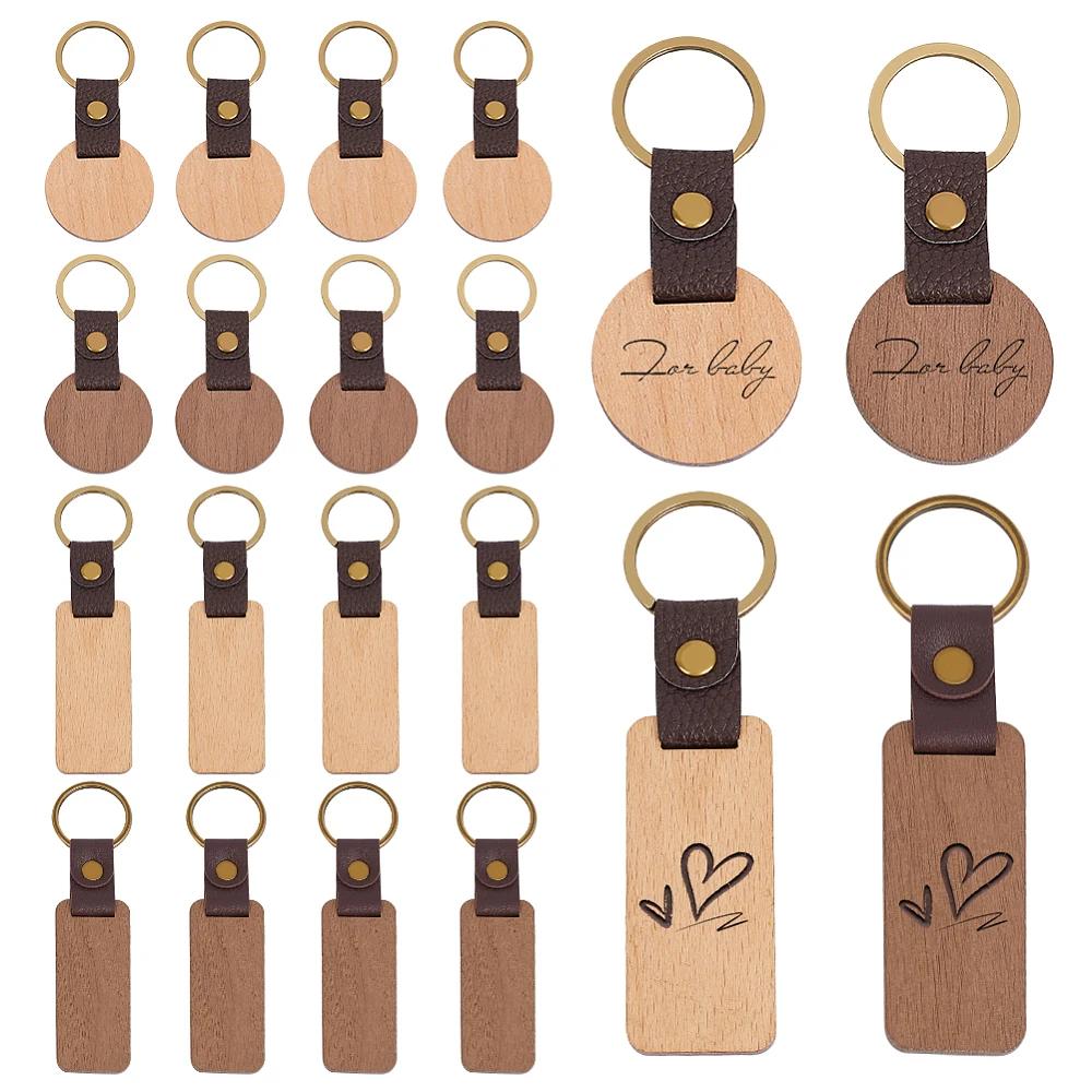 16Pcs 2 Styles Wooden Keychain Blank Keychian for Engraving Painting Keychains With Leather Strap Engravable Blank Keychain