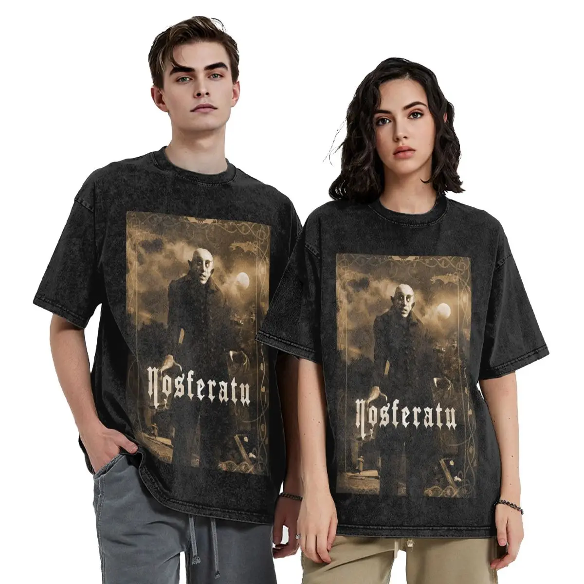 

Nosferatu Movie Logo Hip Hop Short Sleeve T-Shirts Washed Tops Tees Streetwear T Shirt Cotton for Men Women