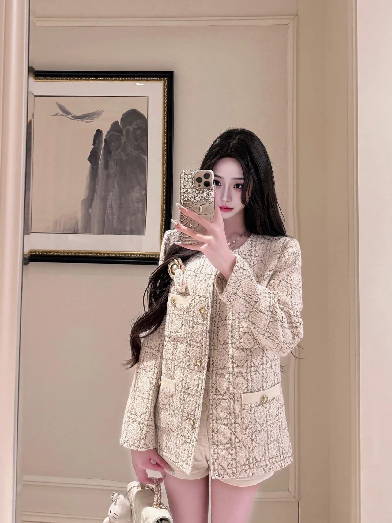 Elegant Medium-Length Tweed Jacket Women's Fashion Luxury Style Diamond Pattern Double-Breasted Spring Autumn Outerwear