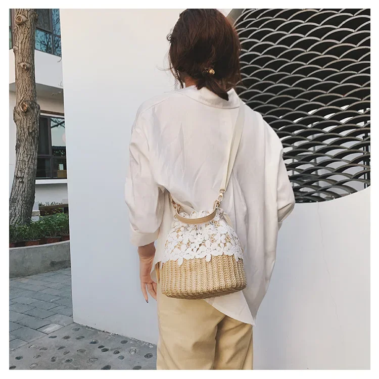 

2023 New Holiday Bucket сумка женская Rattan Braided Beach Bag Portable Crossbody Lace Straw Braided Bags for Women Hot Selling