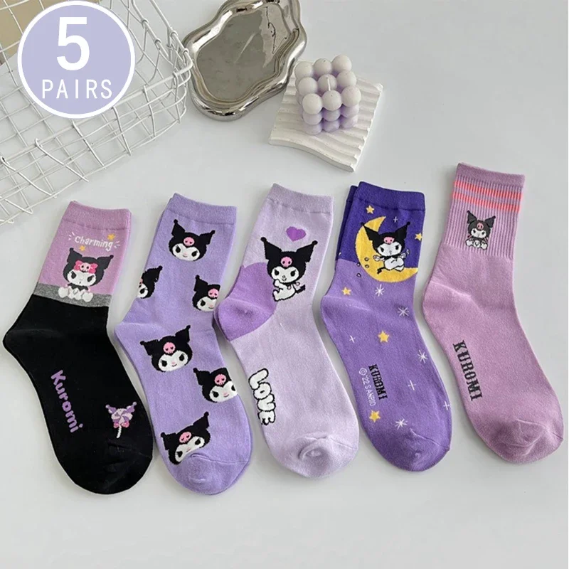 

5 Pair Sanrio Cute Cartoon Kawaii Purple Kuromi Women's Gilrs Exquisite Stockings Cotton Breathable Autumn Winter Crew Socks