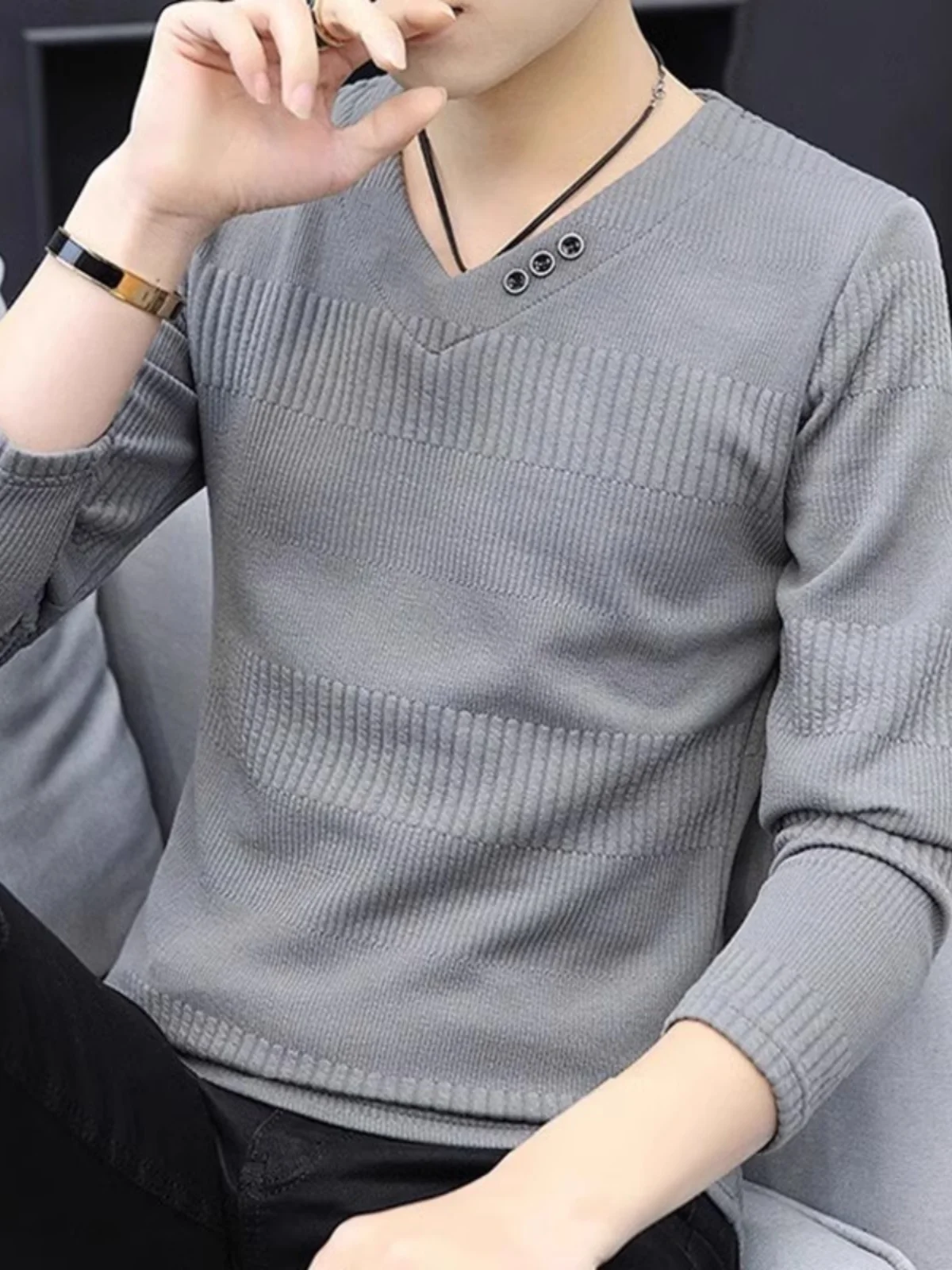 

Men's Long Sve T-irt V-Ne Pure Color Trendy Base irt Sweatirt Chien Heart Ne Spring Autumn Winter New Sle Ca...