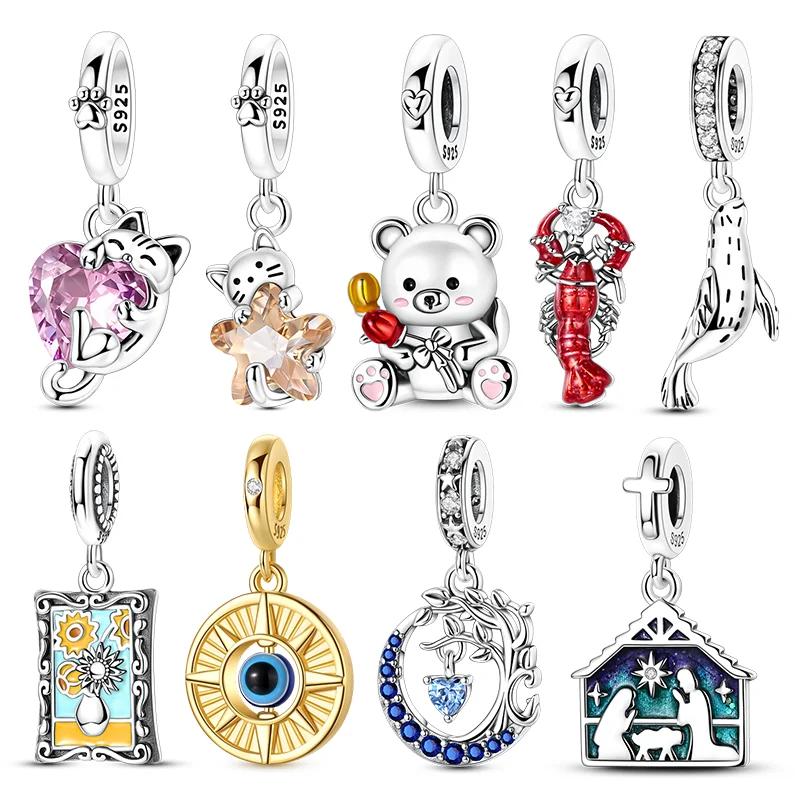 جديد الأصلي خرز تميمة 925 الفضة عباد الشمس نجمة القمر القط استرخى سحر لسوار النساء فتاة غرامة DIY بها بنفسك مجوهرات هدية #1
