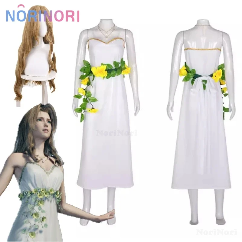 Anime Game FF Final Fantasy VII Aerith Gainsborough Cosplay Costume Wig Woman Aerith Ball Gown White Dress Carnival Suit