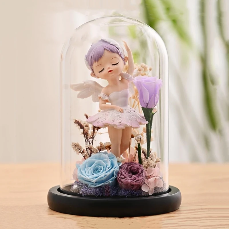 Immortal Flower Glass Cover Ballet Girl Series Ornaments Rose Preserved Flower DIY Chinese Valentine Day Gift