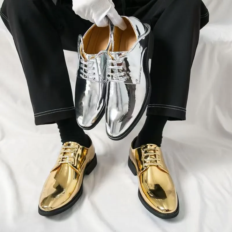 

Daily Pointed Leather Shoes for Men, Business Performances, Parties, Formal Wear, Luxurious Gold and Silver Shiny Leather Shoes