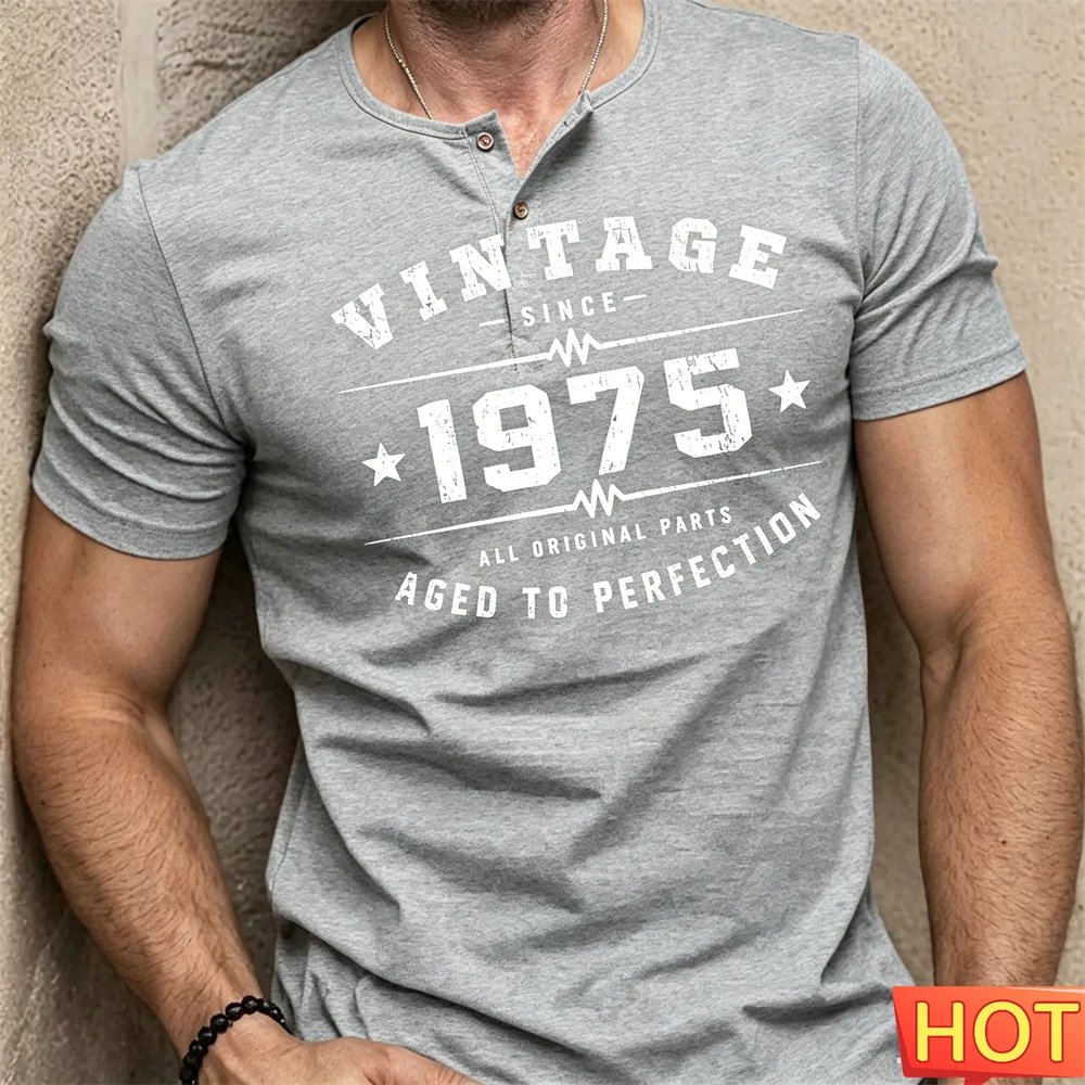 Retro Summer Men's Henry T-shirt letter pattern Men's button up T-shirt Men Henry shirt Hip Hop Street Clothing T-shirt for man