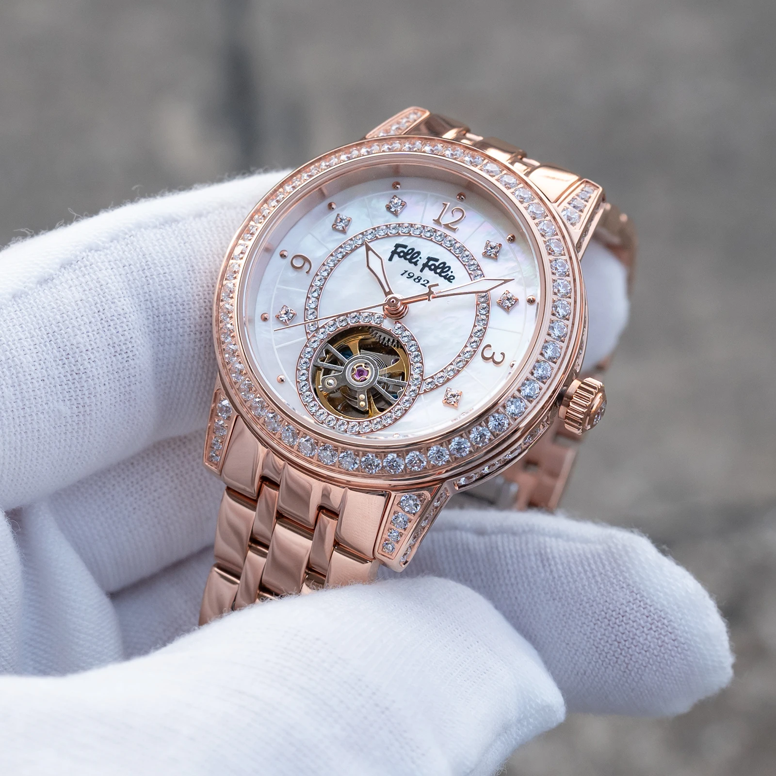 

Элегантные женские наручные часы Folli Follie с турбийоном, циферблатом из перламутра, розовым золотом и бриллиантами, автоматический механизм, браслет