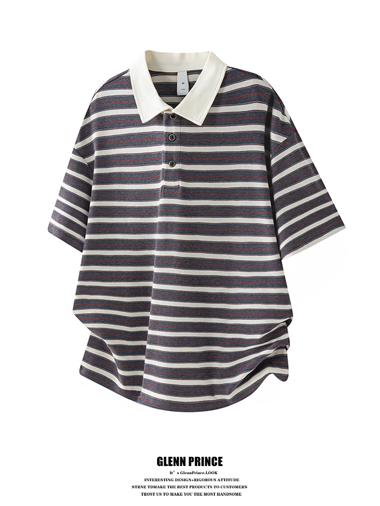 

GPstudio American Retro Lenzing Shirt Men Summer Artistic Style Commute Collar T-Shirt Color Block Striped Men's T-shirt