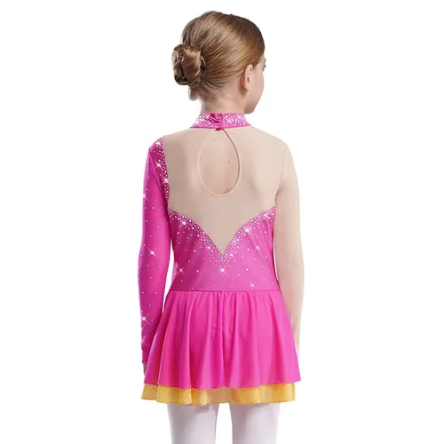 Imagen 2 del producto Vestido de Ballet de patinaje sobre hielo para niñas, tutú de malla transparente con diamantes de imitación, falda, leotardo, gimnasia rítmica, traje de baile lírico