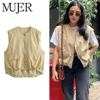 MUJER-Chaleco sin mangas fruncido para mujer, chalecos holgados con cremallera para verano, ropa de calle, chaquetas para mujer, chaleco informal para vacaciones, Top para mujer
