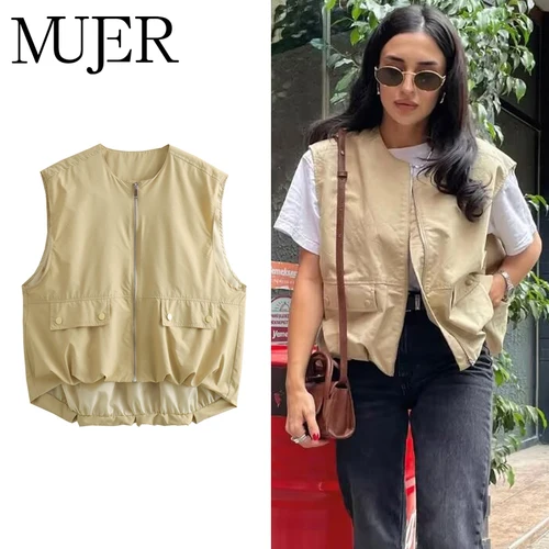 MUJER-Chaleco sin mangas fruncido para mujer, chalecos holgados con cremallera para verano, ropa de calle, chaquetas para mujer, chaleco informal para vacaciones, Top para mujer