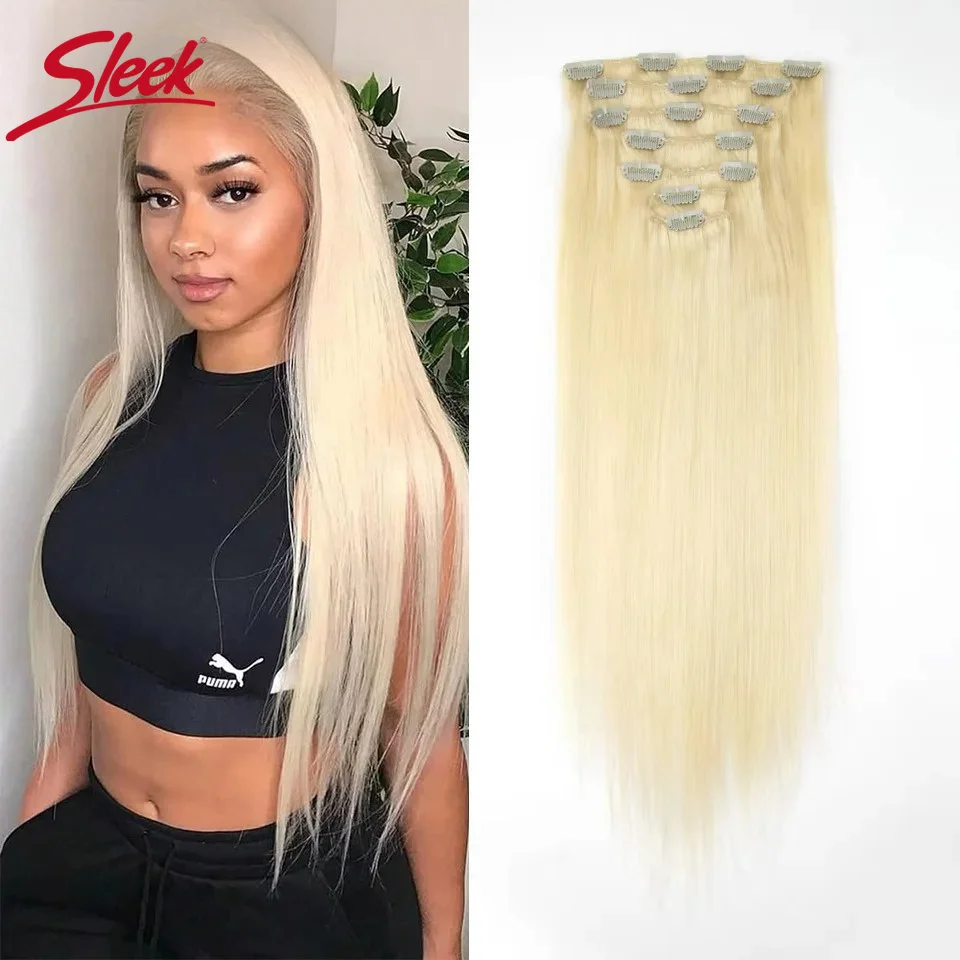 Sleek Hair 7Pcs/Pack Clip in Human Hair Extension Brazilian Straight Honey Blonde 613 Highlight P4/27 Remy Hair Extension Clip
