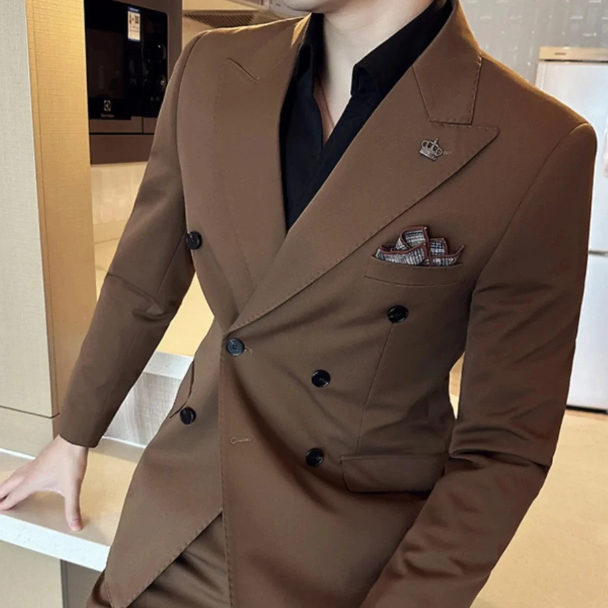 Korean Slim Fitt Double Breasted Blazer Jacket Men Clothing 2023 Autumn Casual Business Blazers Office Social Wedding Dress Coat